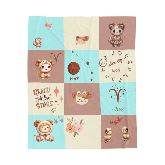 Personalized Aries Zodiac Baby Blanket – Girl Velveteen Plush Blanket, Astrology Nursery Throw, Custom Name Zodiac Sign Gift for Baby Gir