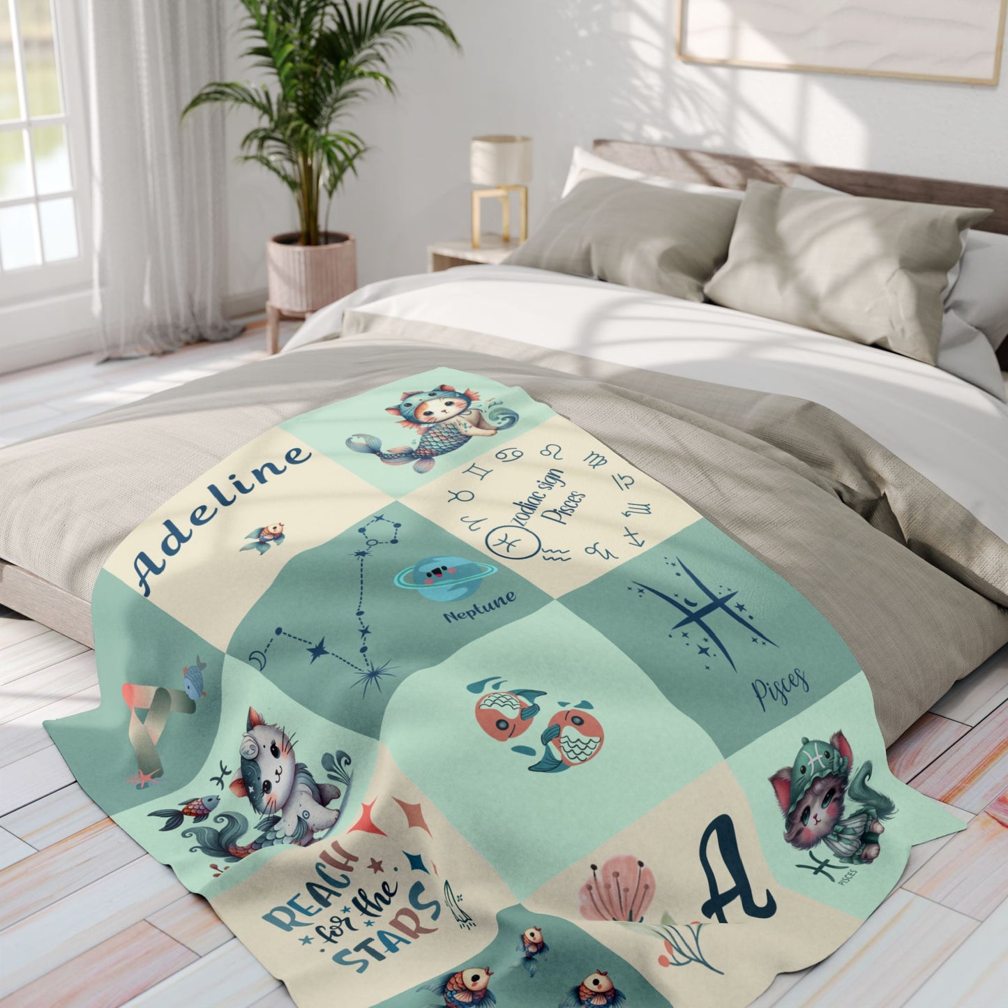 Personalized Zodiac Baby Blanket – Pisces Girl Blanket, Custom Name Velveteen Plush Blanket, Astrology Baby Gift, Soft Newborn Blanket, Baby Shower Gift