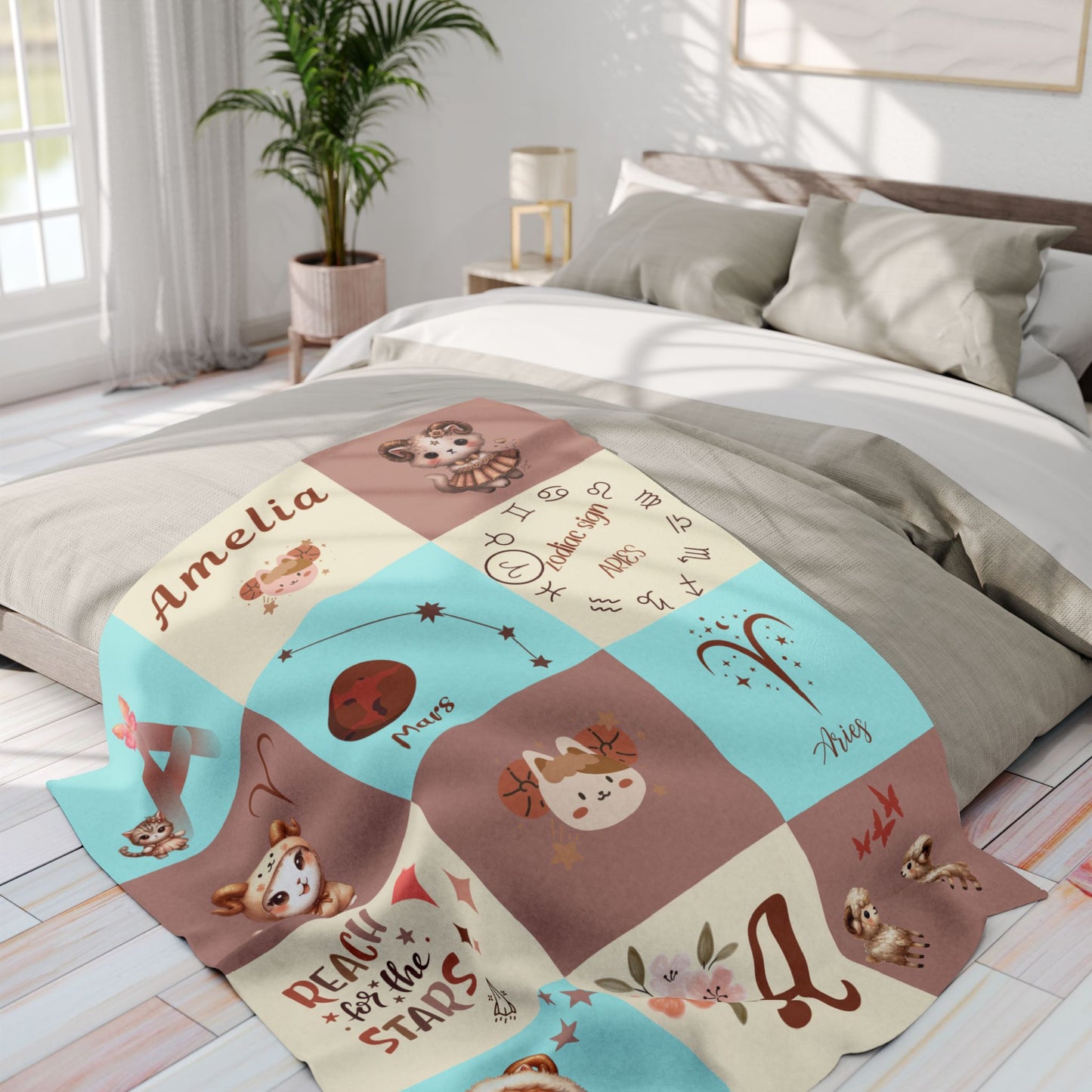 Personalized Aries Zodiac Baby Blanket – Girl Velveteen Plush Blanket, Astrology Nursery Throw, Custom Name Zodiac Sign Gift for Baby Gir