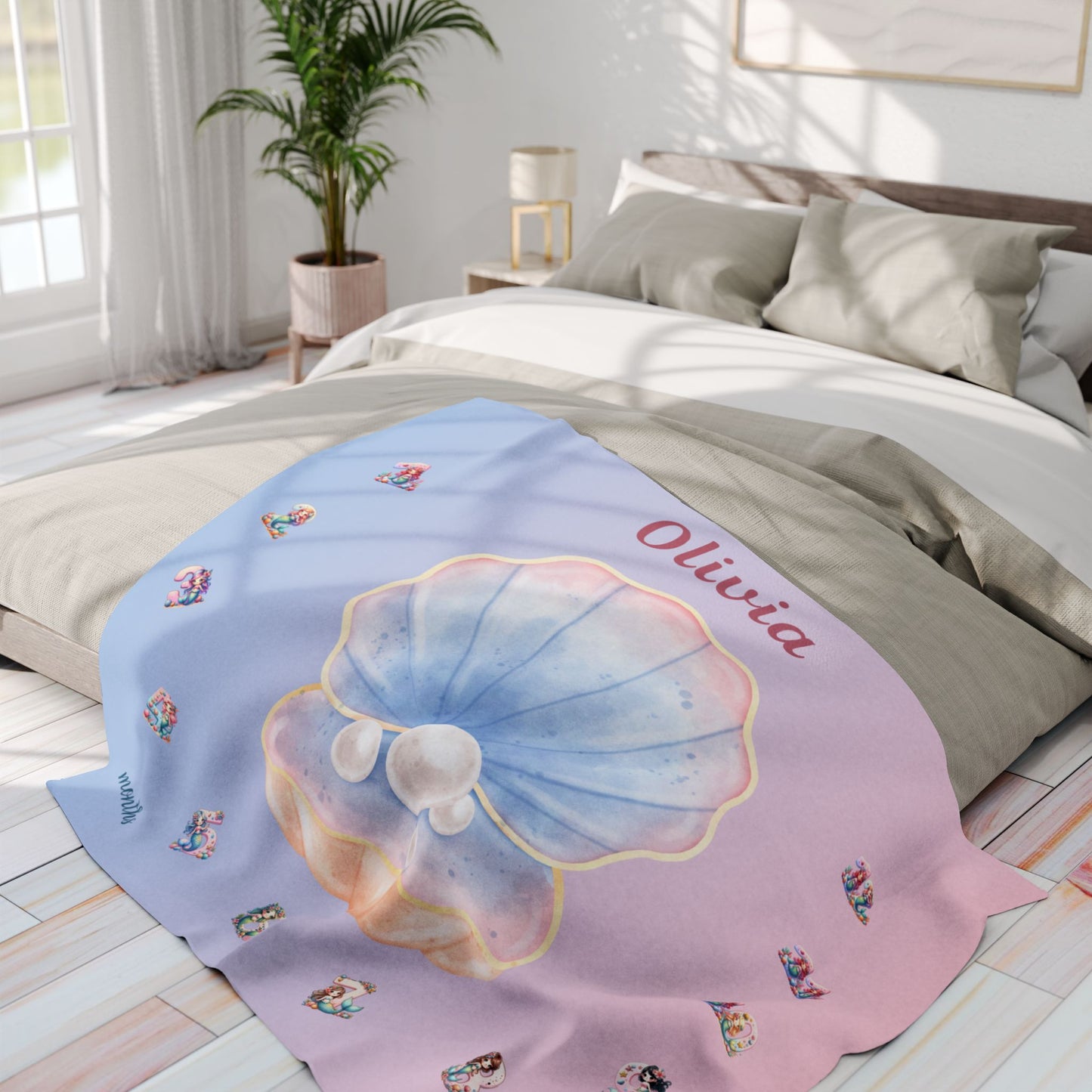 Personalized Seashell Milestone Baby Blanket – Soft Velveteen Plush Fleece
