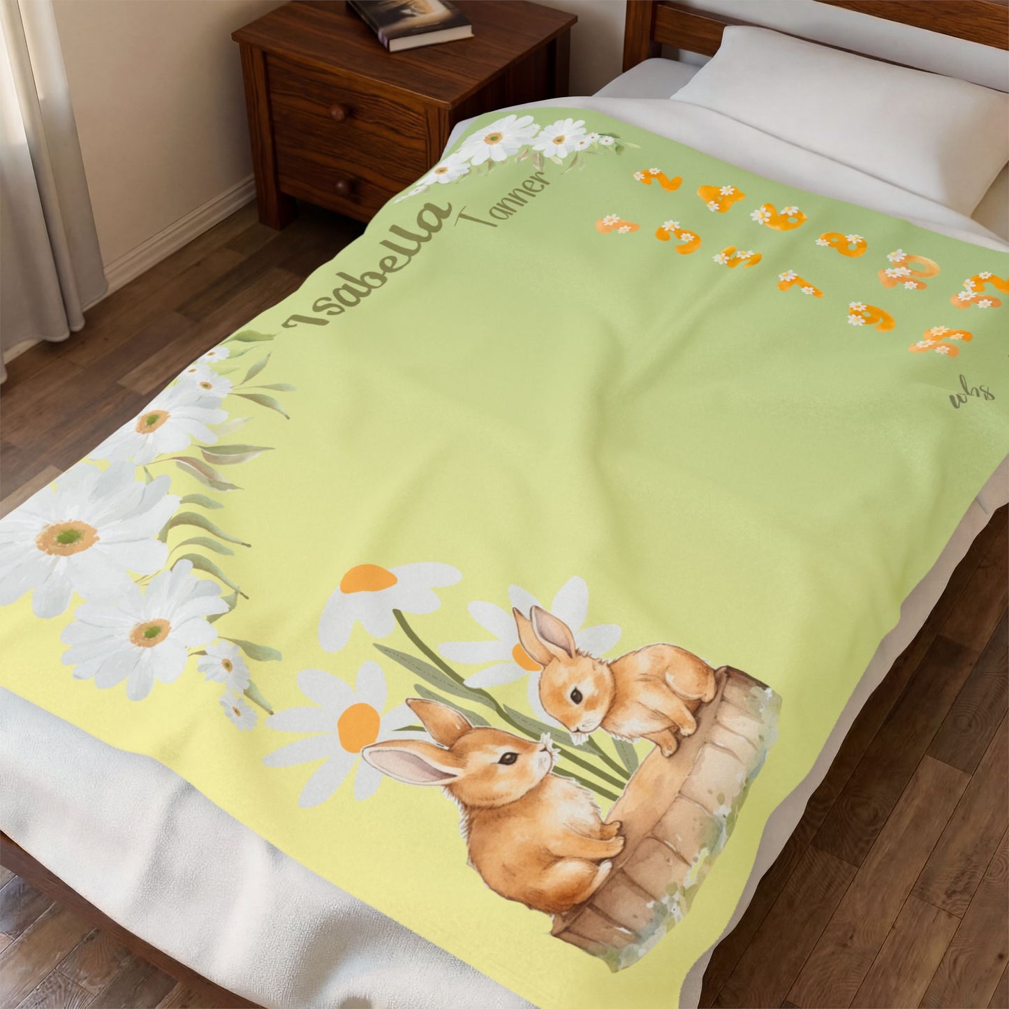 Personalized Daisy Bunny Milestone Baby Blanket, Soft Velveteen Plush Fleece
