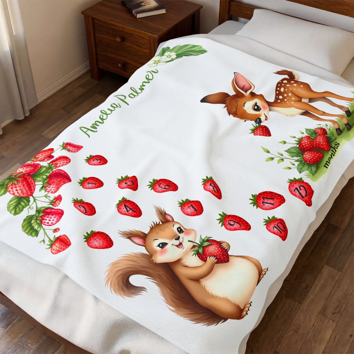 Strawberry and Woodland Animals Monthly Milestone Blanket