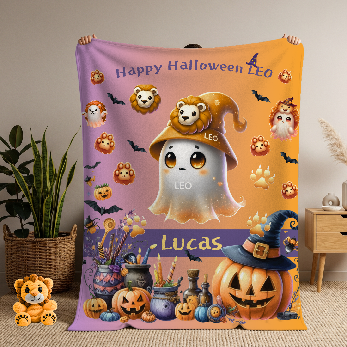 Personalized Leo Halloween blanket for boys, Custom name zodiac toddler Halloween Gift.
