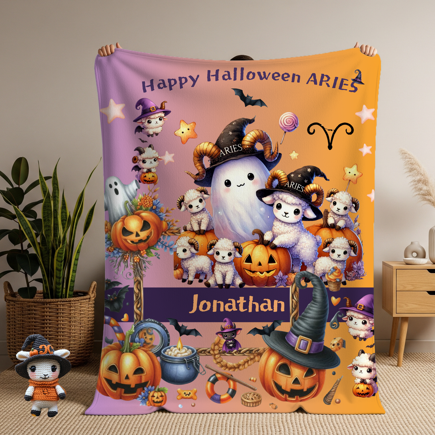 Personalized Aries Halloween Blanket for Boys, Custom Name Zodiac Toddler Halloween Throw