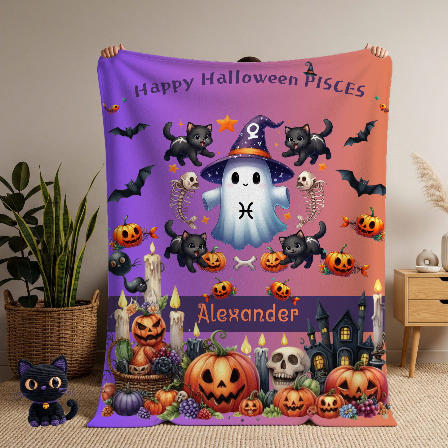 Personalized Pisces Halloween Blanket for Boys, Custom Name Zodiac Toddler Halloween Throw
