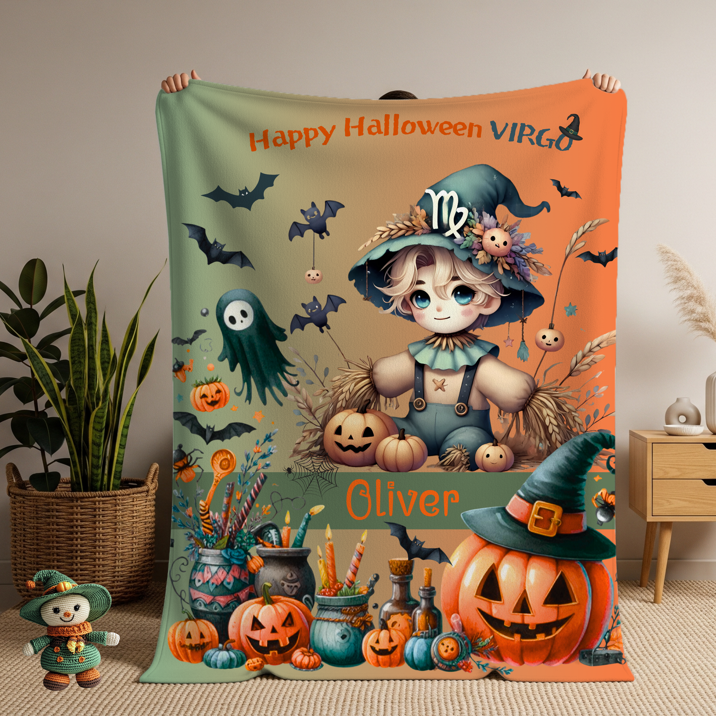 Personalized Virgo Halloween Blanket for Boys, Custom Name Zodiac Toddler Halloween Throw