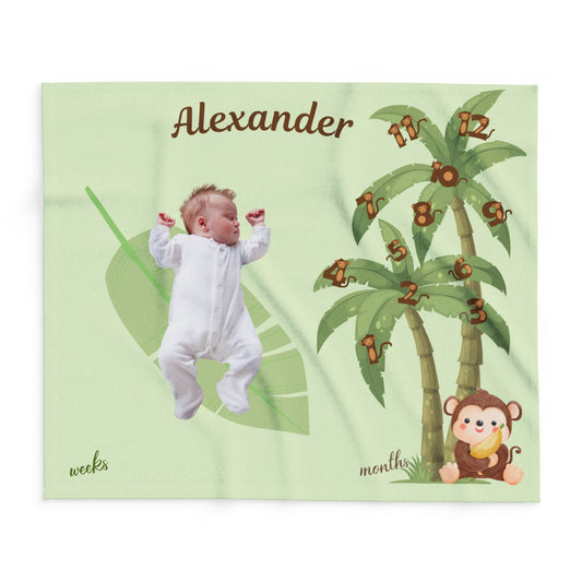 Personalized Jungle Monkey Milestone Baby Boy Blanket – Soft Velveteen Plush Fleece