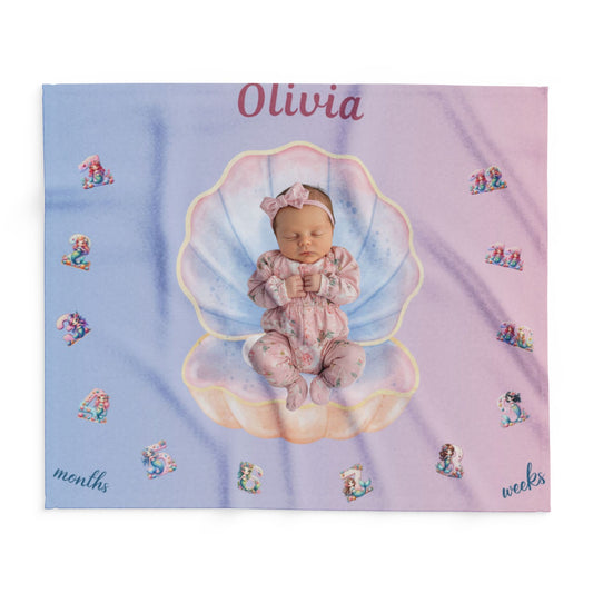 Personalized Seashell Milestone Baby Blanket – Soft Velveteen Plush Fleece