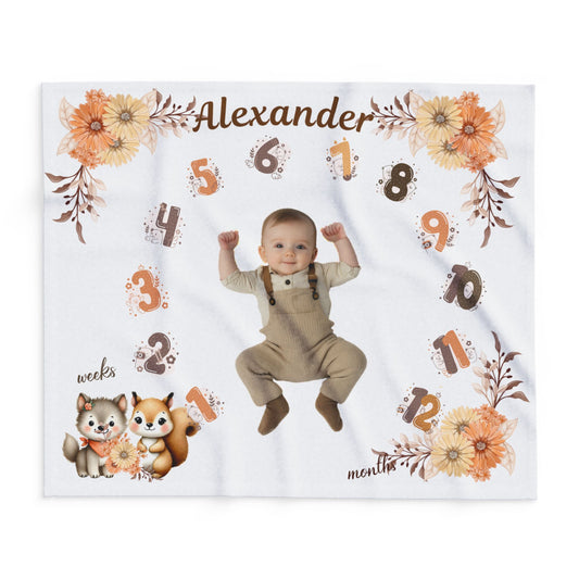 Personalized Woodland Animal Milestone Baby Boy Blanket – Soft Velveteen Plush Fleece