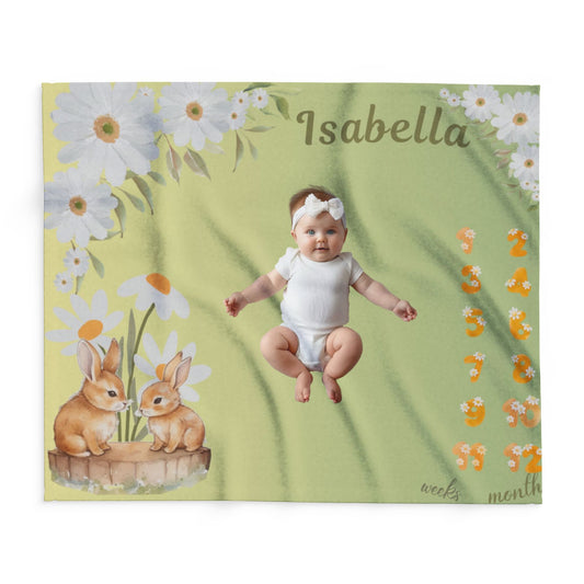 Personalized Daisy Bunny Milestone Baby Blanket – Soft Velveteen Plush Fleece