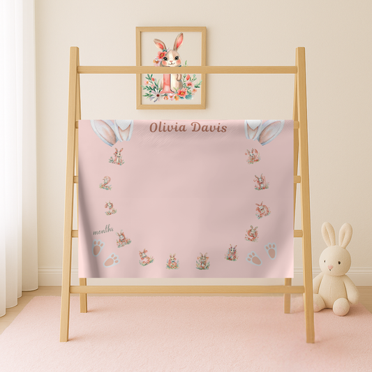 Personalized Bunny Milestone Baby Girl Blanket, Soft Velveteen Plush Fleece