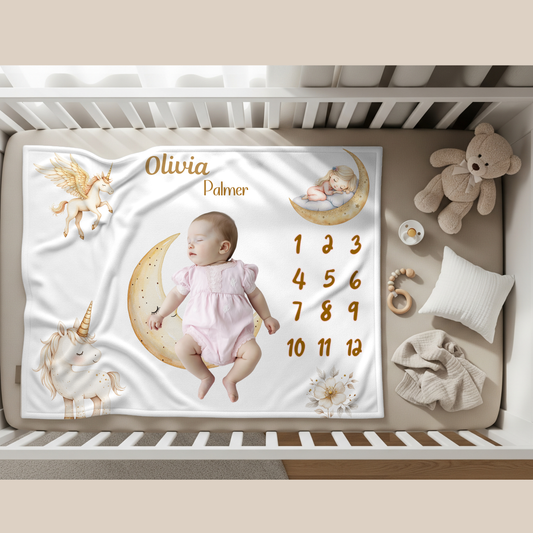 Personalized Unicorn and Moon Baby Girl Milestone Blanket, Velveteen Plush,