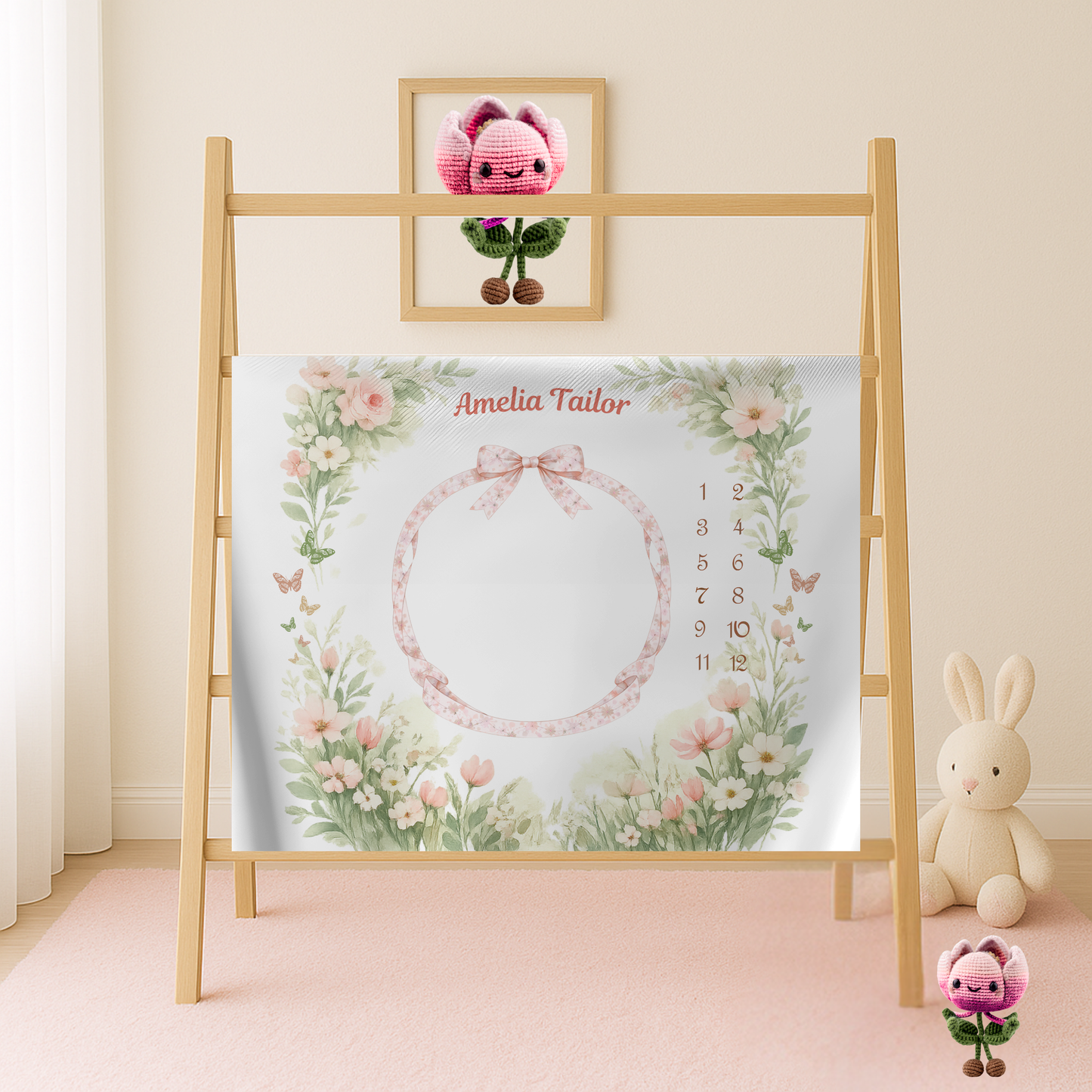 Personalized Baby Girl Milestone Blanket, Velveteen Plush, Floral Baby Blanket, Monthly Milestone Blanket