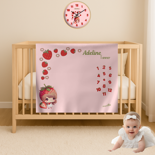 Personalized Strawberry Milestone Baby Girl Blanket
