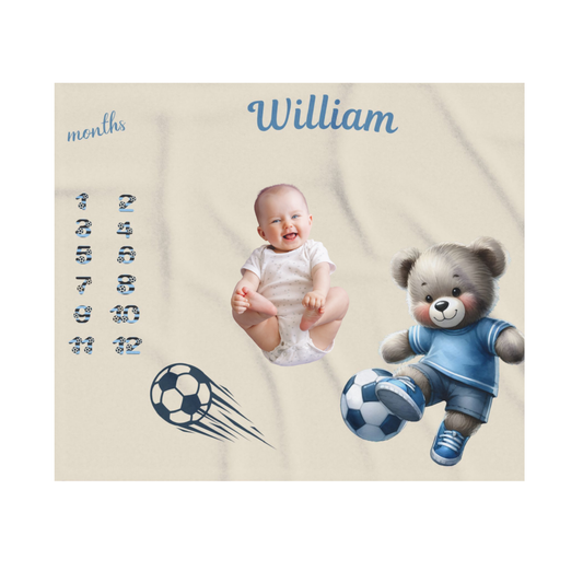 Personalized Soccer Milestone Baby Boy Blanket , Velveteen Plush