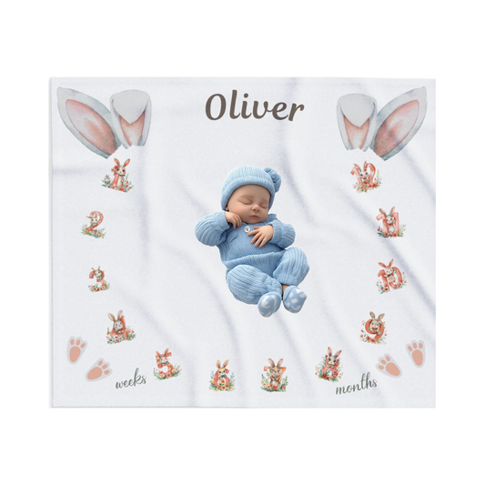 Personalized Bunny Ear Milestone Baby Boy Blanket – Soft Velveteen Plush Fleece