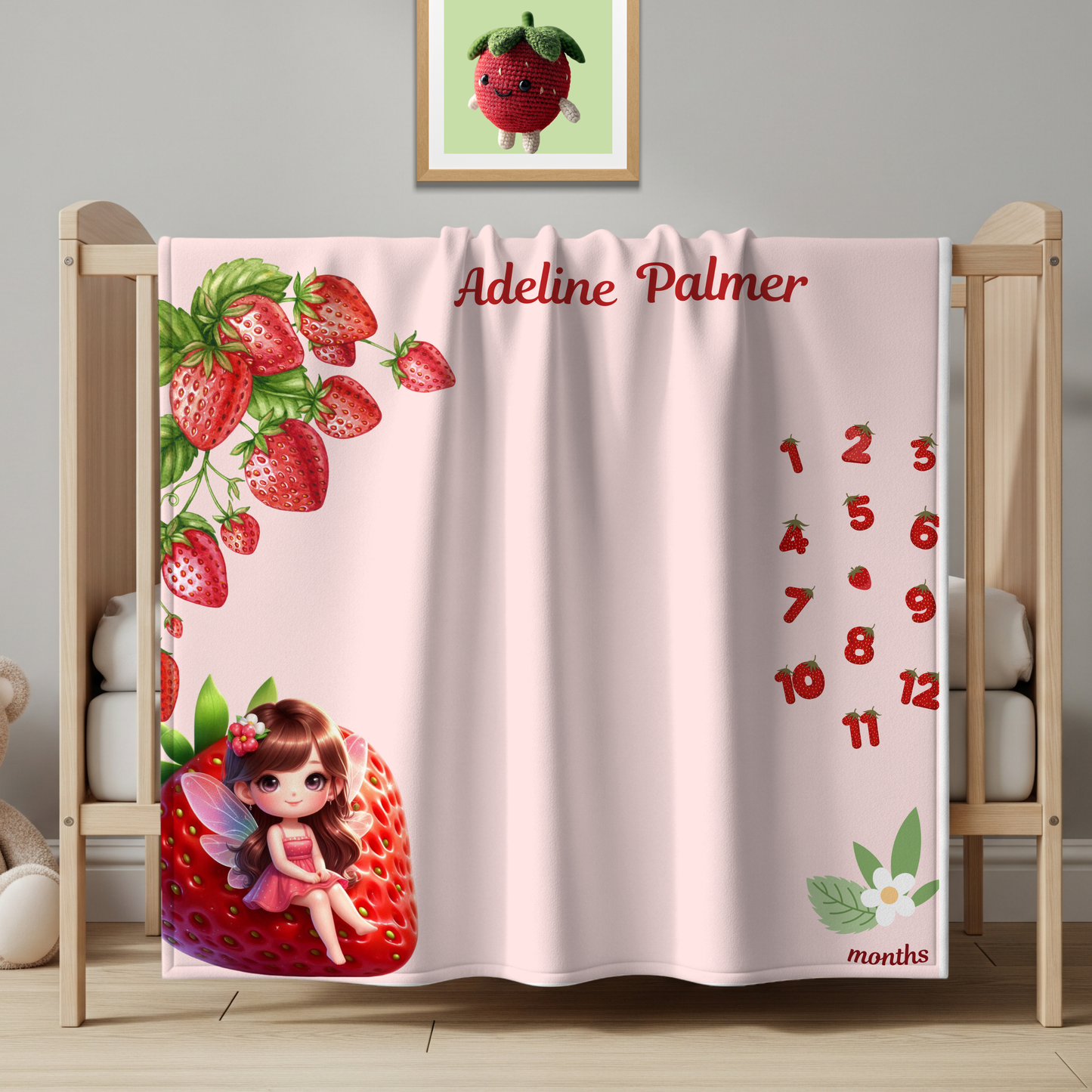 Personalized Strawberry Milestone Baby Blanket, Velveteen plush gift