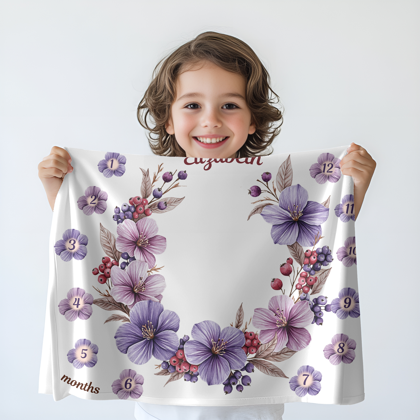 Personalized Floral Baby Girl Milestone Blanket, Velveteen Plush Blanket, Newborn Photo Prop