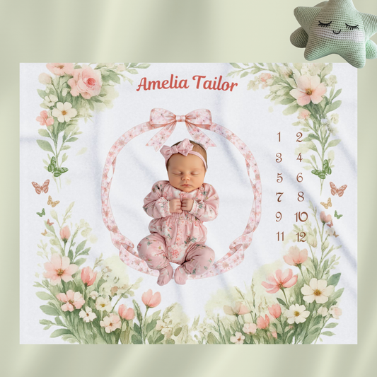 Personalized Baby Girl Milestone Blanket, Velveteen Plush, Floral Baby Blanket, Monthly Milestone Blanket