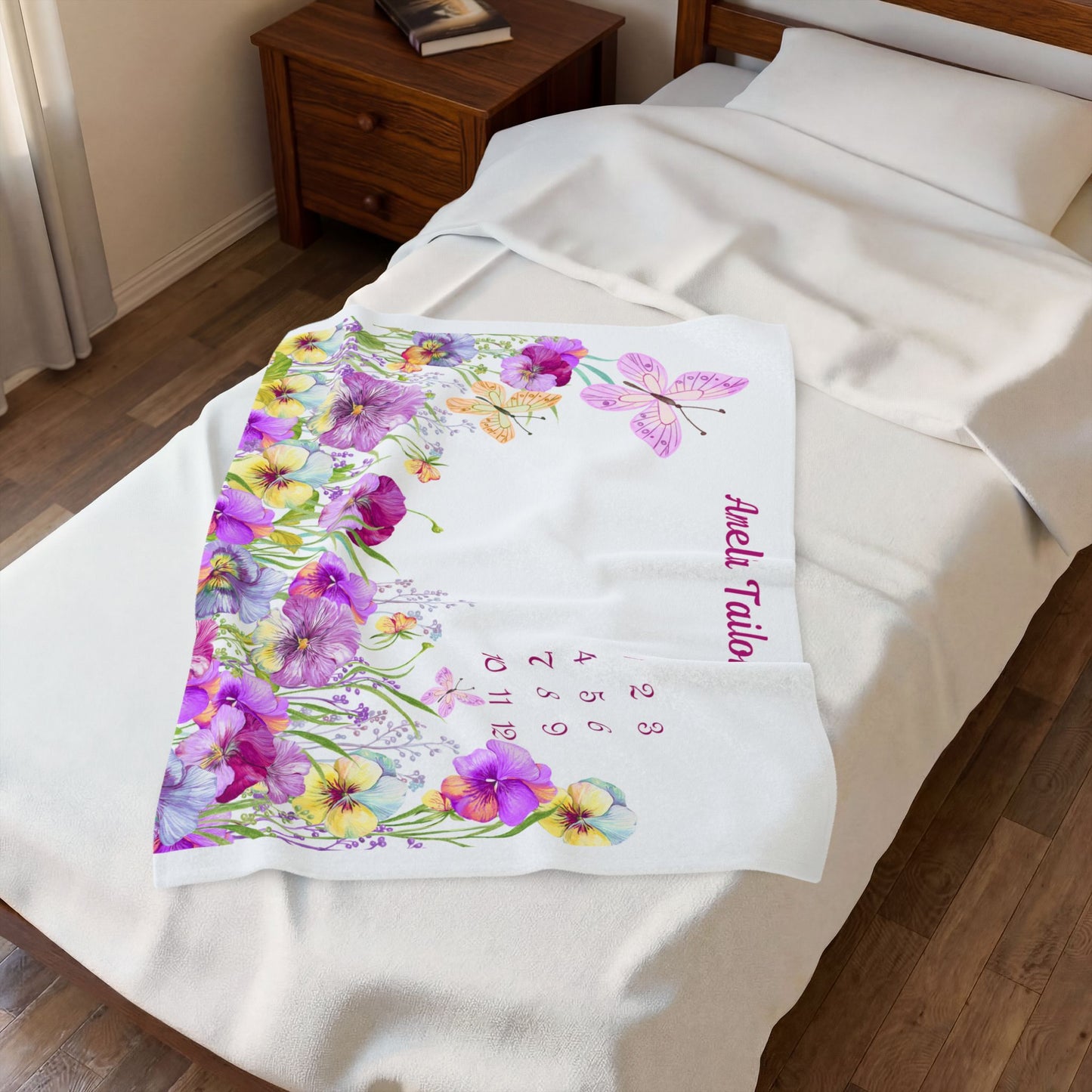 Personalized Baby Girl Milestone Blanket , Floral Butterfly Velveteen Plush Blanket