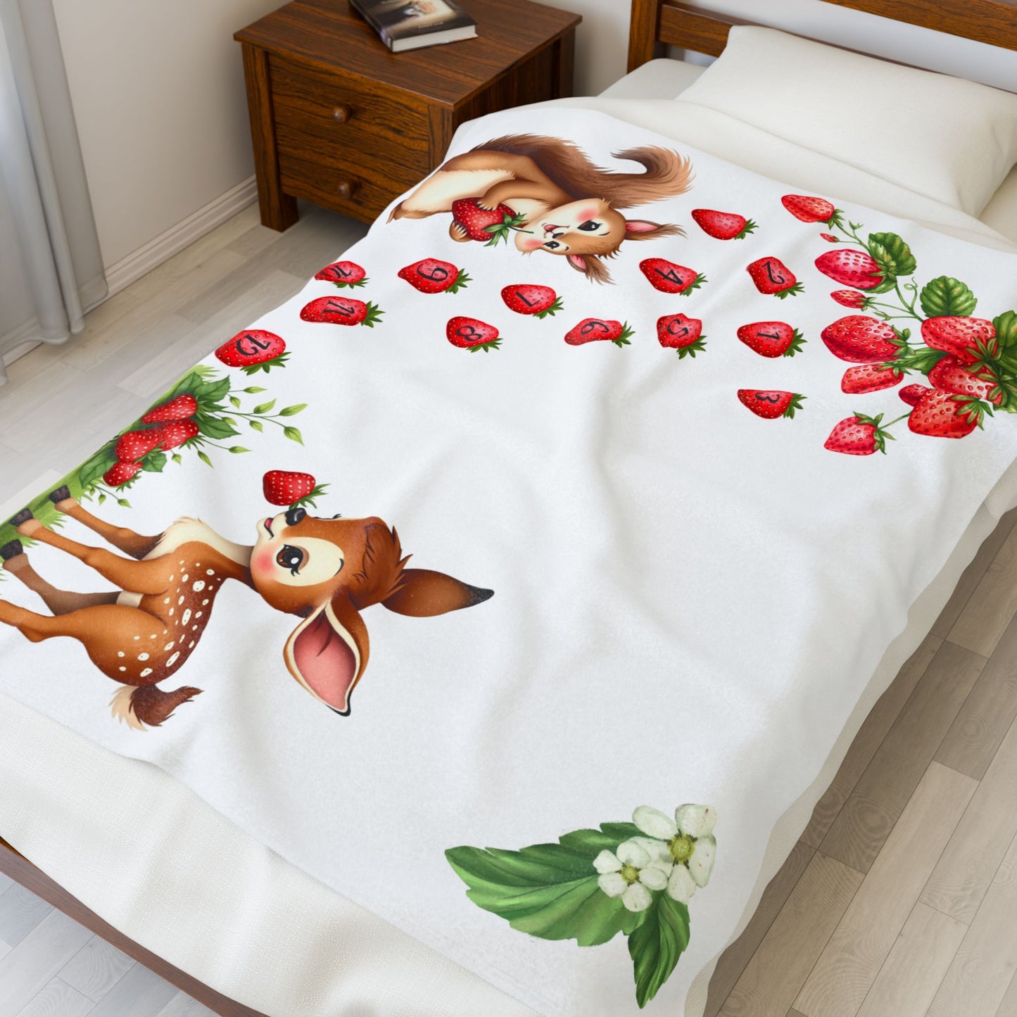 Strawberry and Woodland Animals Monthly Milestone Blanket, Velveteen Plush Baby Photo Prop