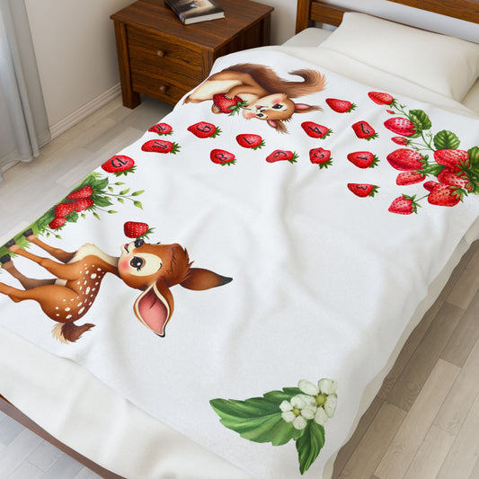 Strawberry and Woodland Animals Monthly Milestone Blanket, Velveteen Plush Baby Photo Prop