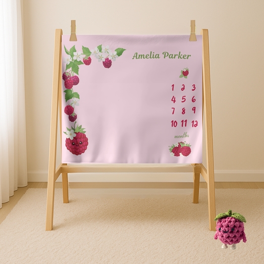Personalized Raspberry Milestone Baby Blanket, Soft Velveteen Plush Fleece