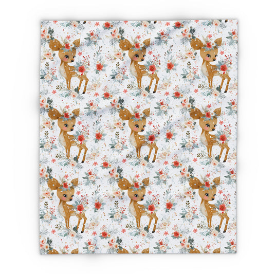 Personalized Deer Baby Blanket, Custom Name Arctic FleeceThrow, Floral Woodland Baby Gift