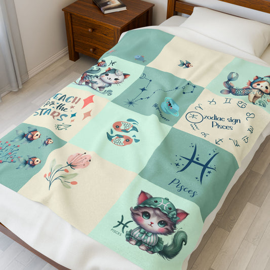 Personalized Pisces Girl Blanket, Velveteen Plush, Astrology Toddler Gift