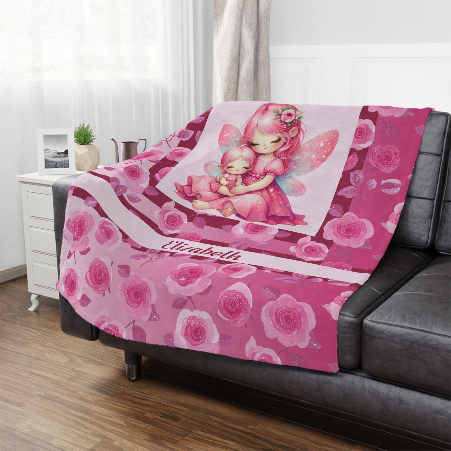 Personalized Fairy Girl Blanket, Soft Minky Gift with Name, Pink Fairy and Floral themed