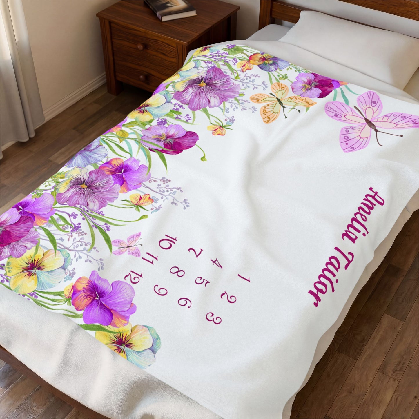 Personalized Baby Girl Milestone Blanket , Floral Butterfly Velveteen Plush Blanket