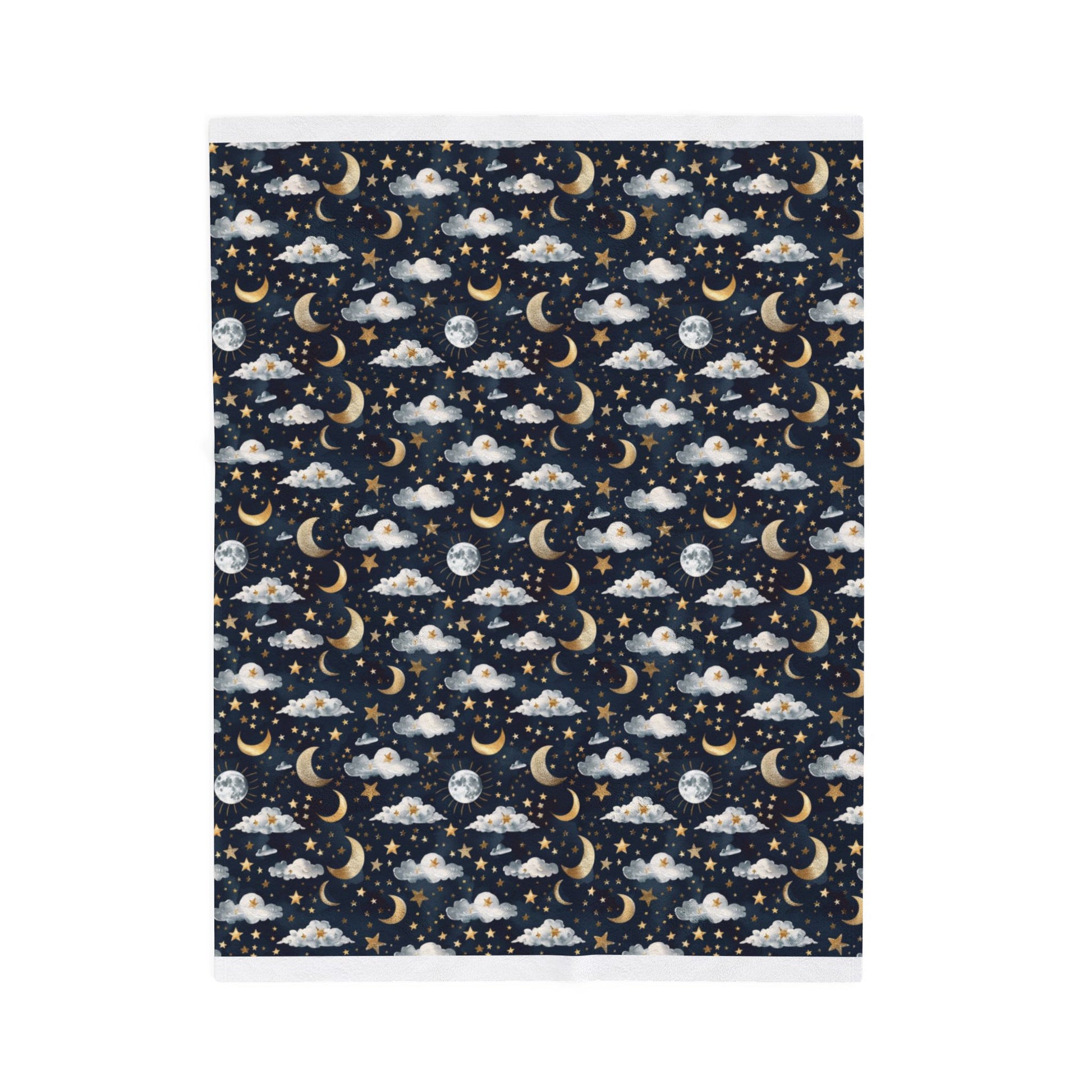 Pattern of moons, stars, and clouds on a dark blue background