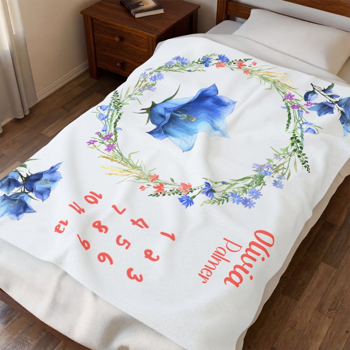 Personalized Floral Milestone Blanket Girl, Blue Flower Baby Monthly Blanket,