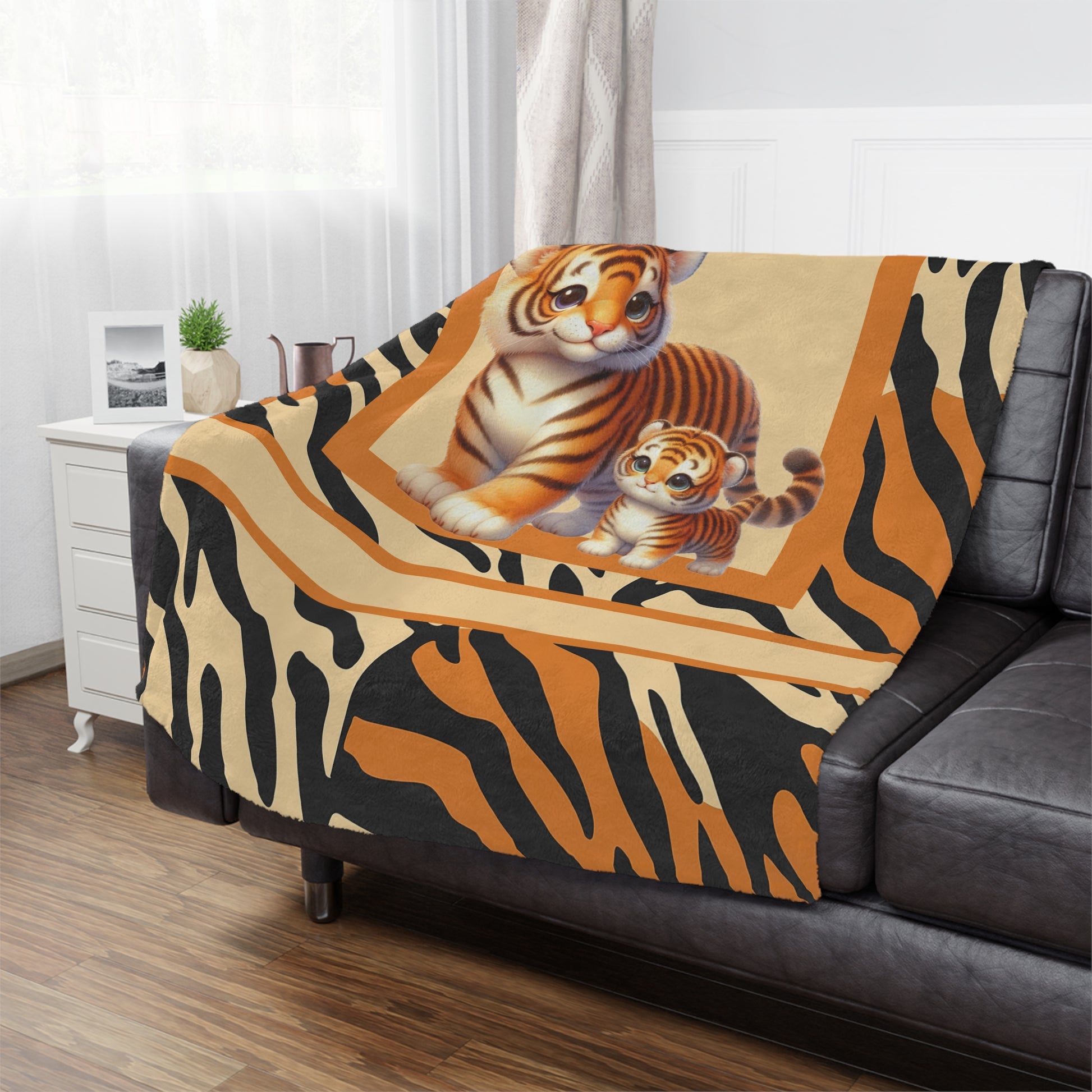 Tiger-themed blanket draped over a sofa in a living room setting