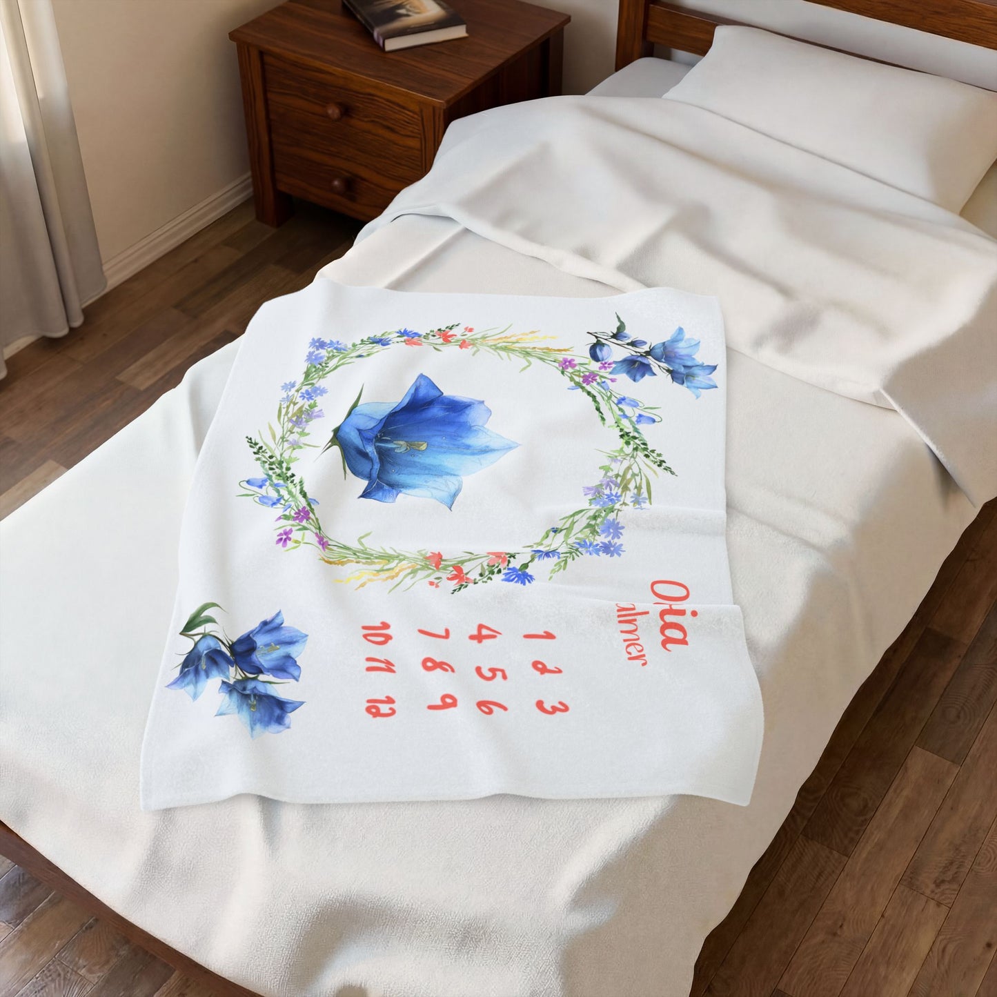 Personalized Floral Milestone Blanket Girl, Blue Flower Baby Monthly Blanket,