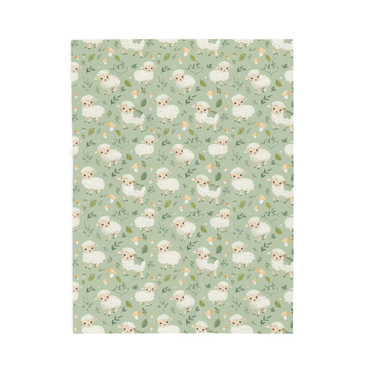 Patterned paper with small white animals and green leaves on a light green background