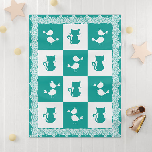 Personalized Baby Fleece Blanket, Custom Name Cat & Bird Blanket