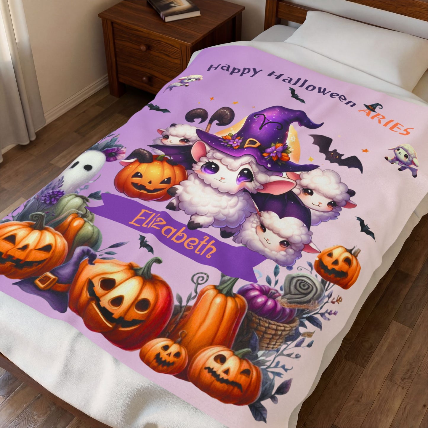 Personalized Aries Halloween Blanket for Girls, Custom Name Zodiac Toddler Halloween Gift