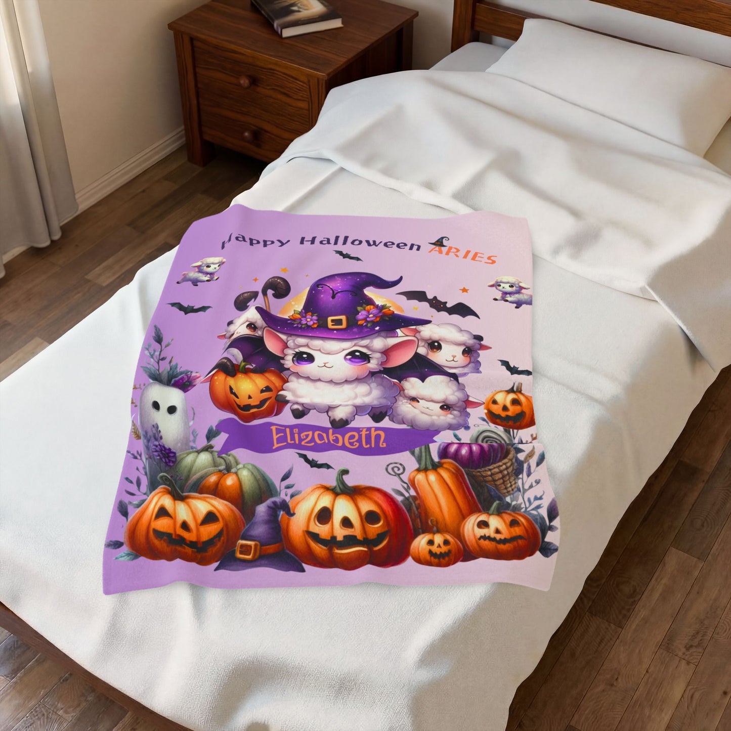 Personalized Aries Halloween Blanket for Girls, Custom Name Zodiac Toddler Halloween Gift
