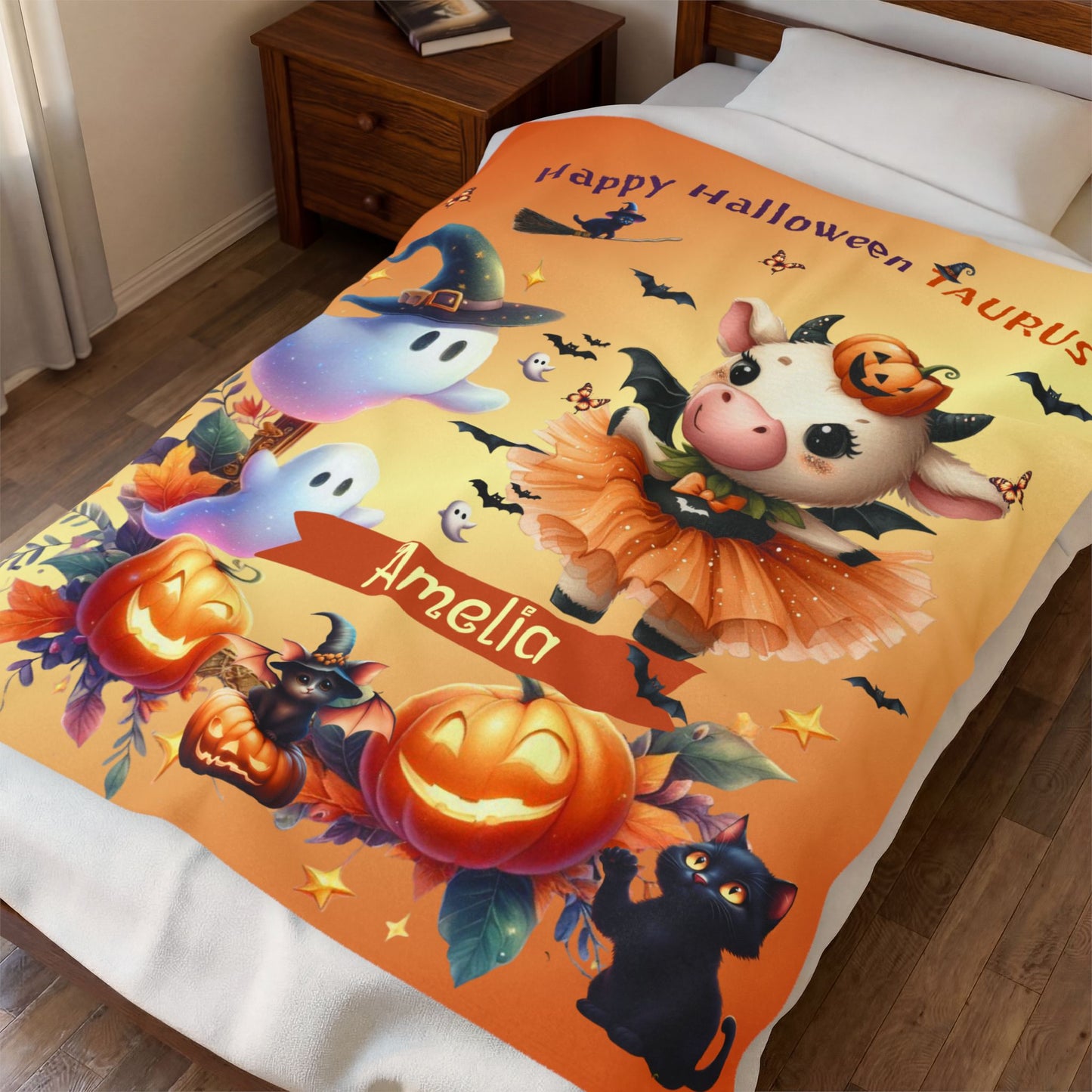 Personalized Taurus Halloween Blanket for Girls, Custom Name Zodiac Toddler Halloween Gift