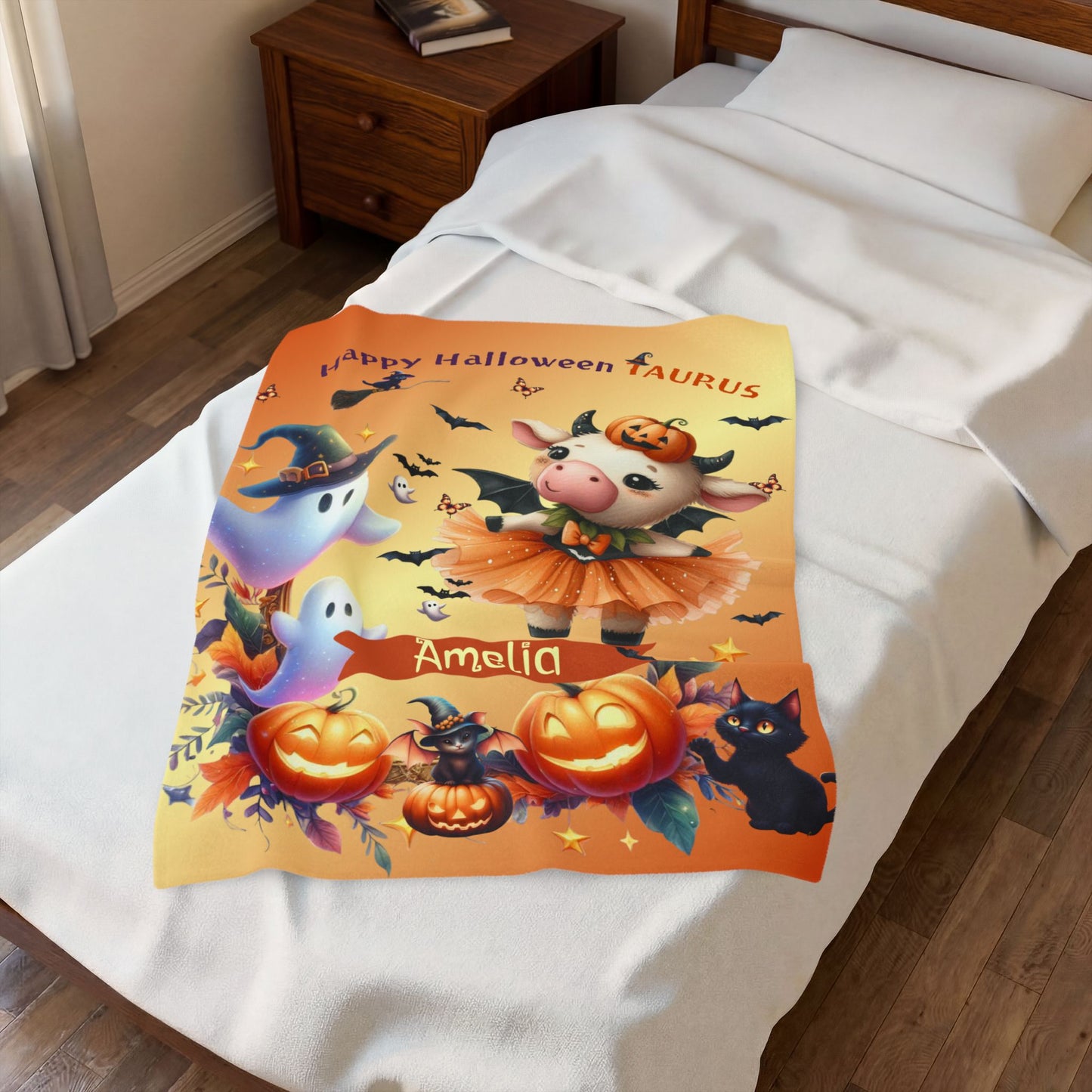 Personalized Taurus Halloween Blanket for Girls, Custom Name Zodiac Toddler Halloween Gift