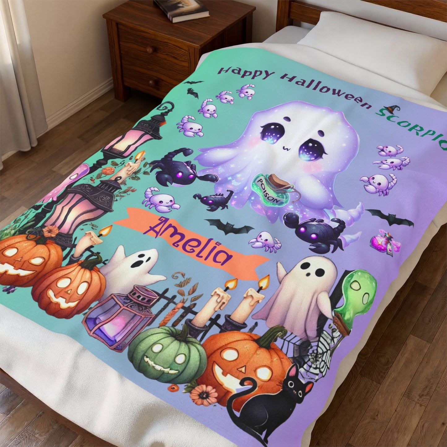 Personalized Scorpio Halloween Blanket for Girls, Custom Name Zodiac Toddler Halloween Gift