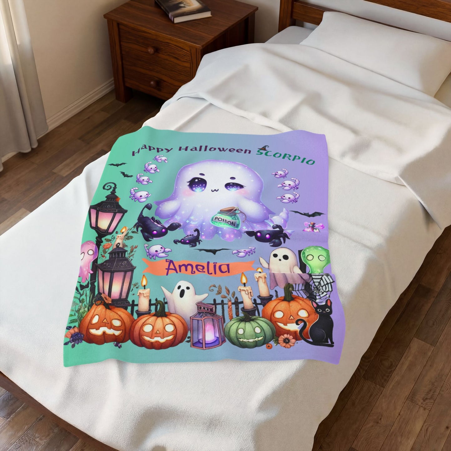 Personalized Scorpio Halloween Blanket for Girls, Custom Name Zodiac Toddler Halloween Gift