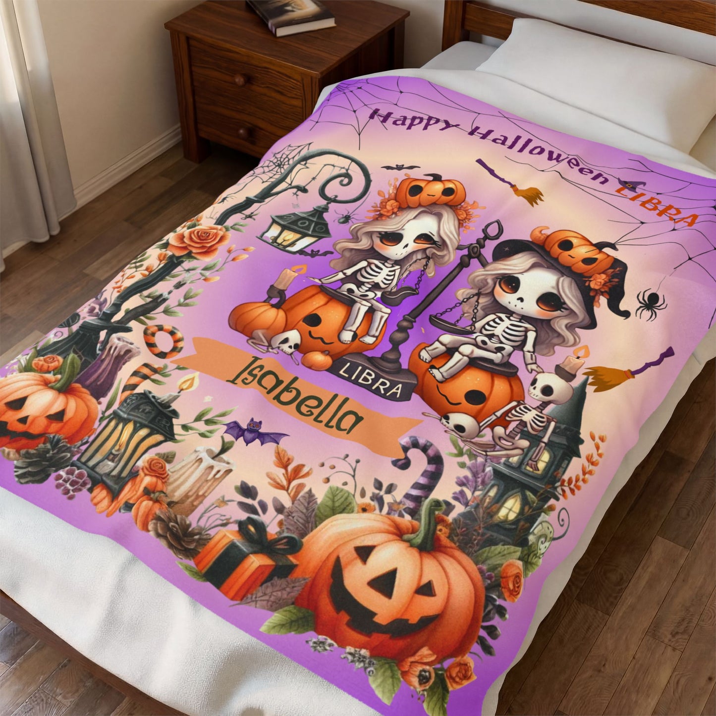 Personalized Libra Halloween Blanket for Girls, Custom Name Zodiac Toddler Blanket
