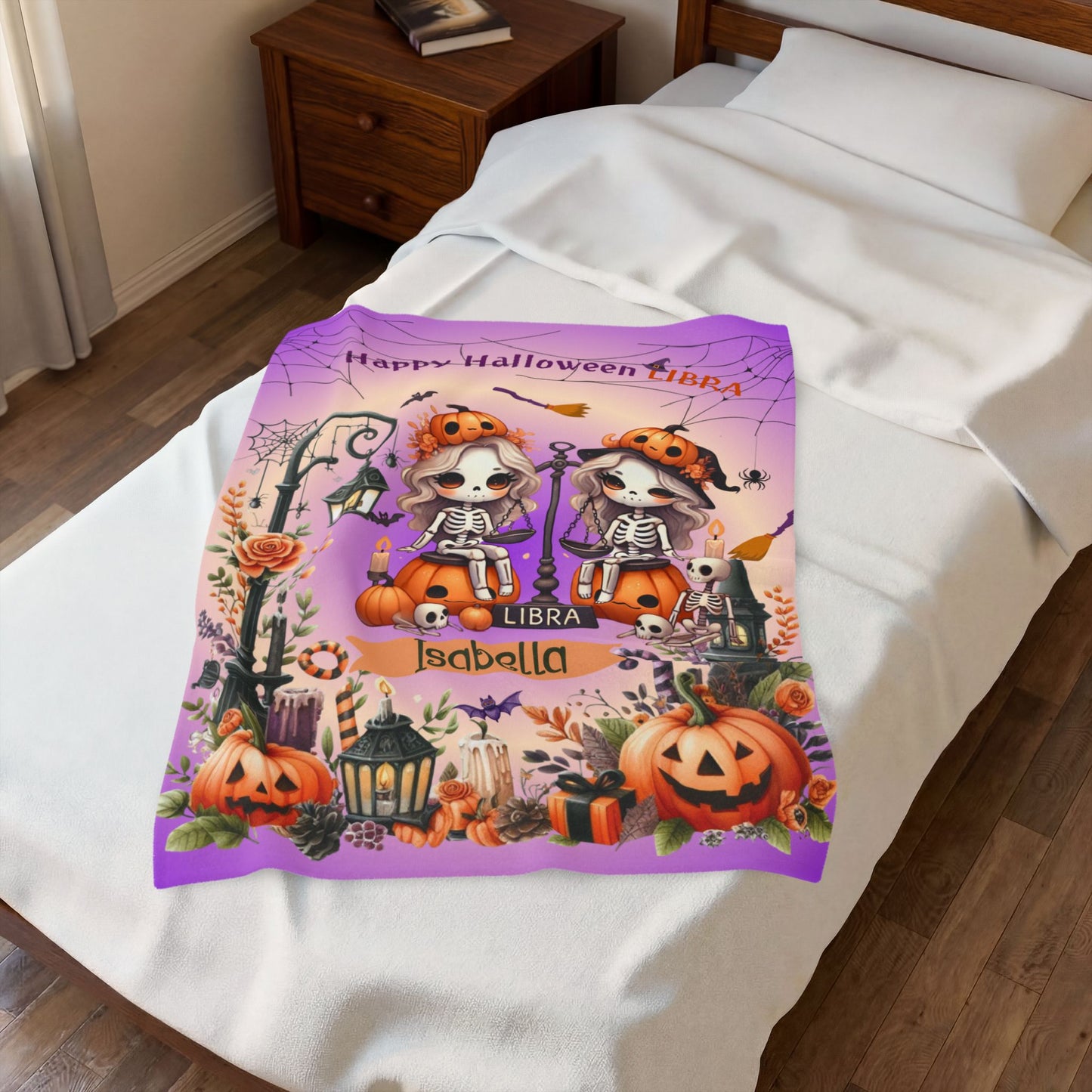 Personalized Libra Halloween Blanket for Girls, Custom Name Zodiac Toddler Blanket