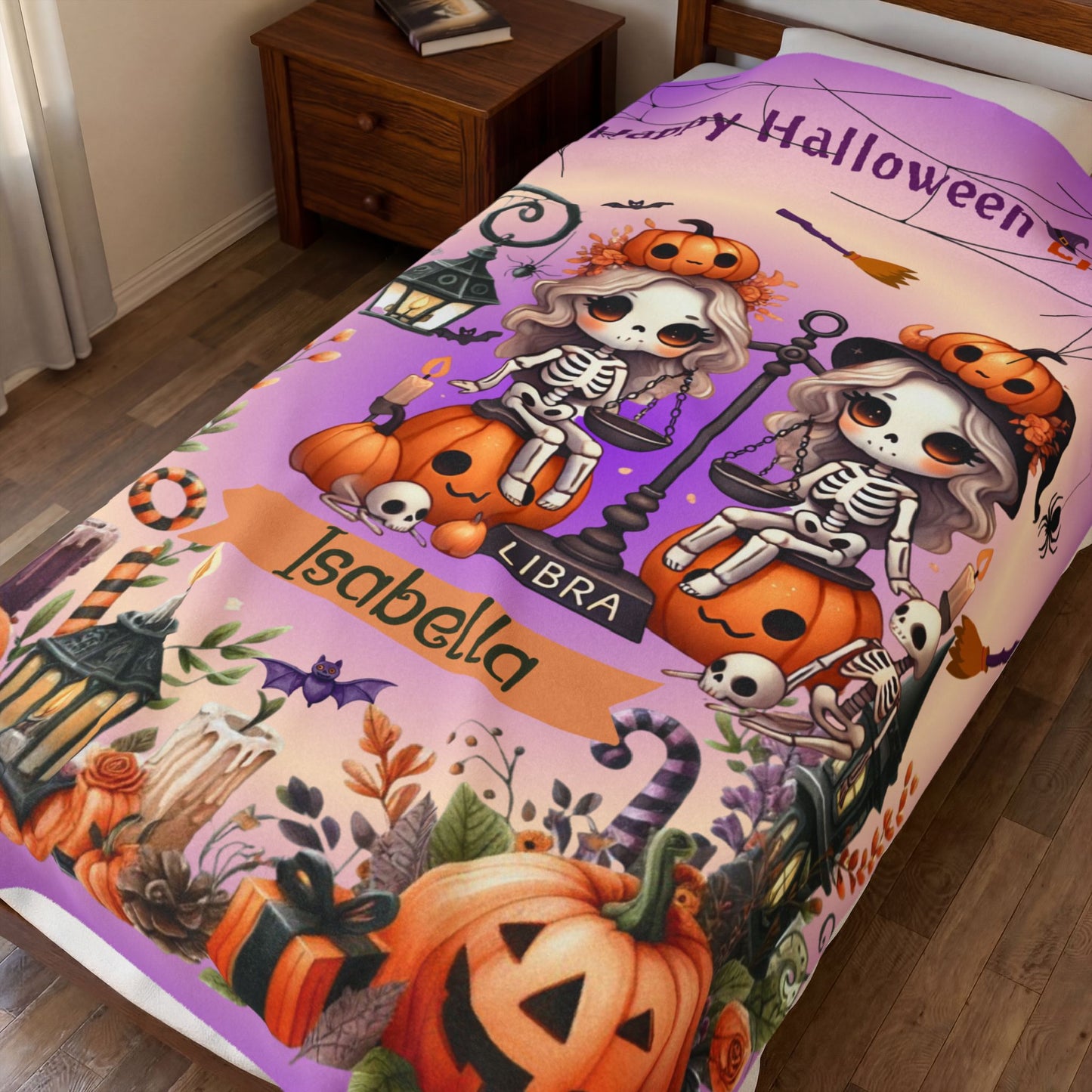 Personalized Libra Halloween Blanket for Girls, Custom Name Zodiac Toddler Blanket