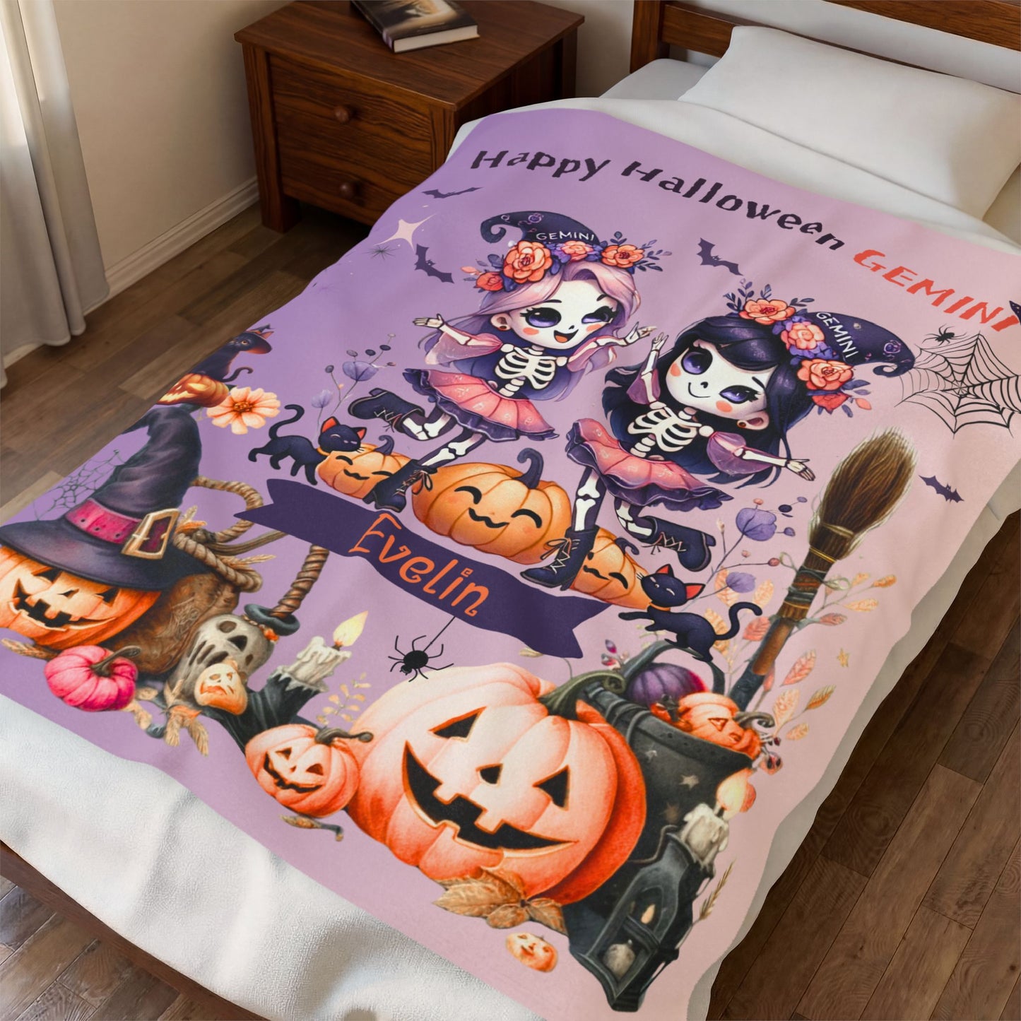 Personalized Gemini Halloween Blanket for Girls, Custom Name Zodiac Toddler Halloween Throw