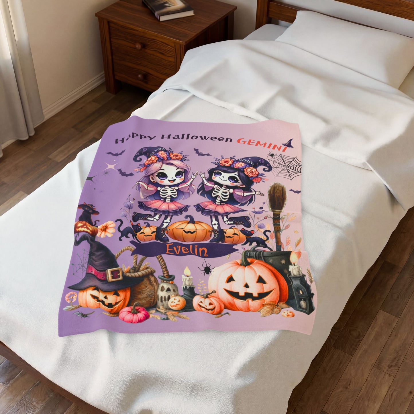 Personalized Gemini Halloween Blanket for Girls, Custom Name Zodiac Toddler Halloween Throw