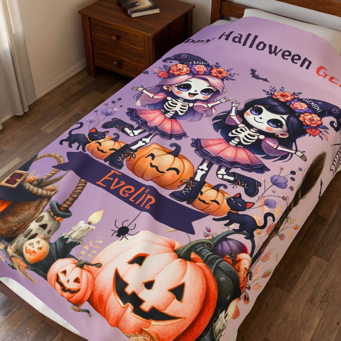 Personalized Gemini Halloween Blanket for Girls, Custom Name Zodiac Toddler Halloween Throw