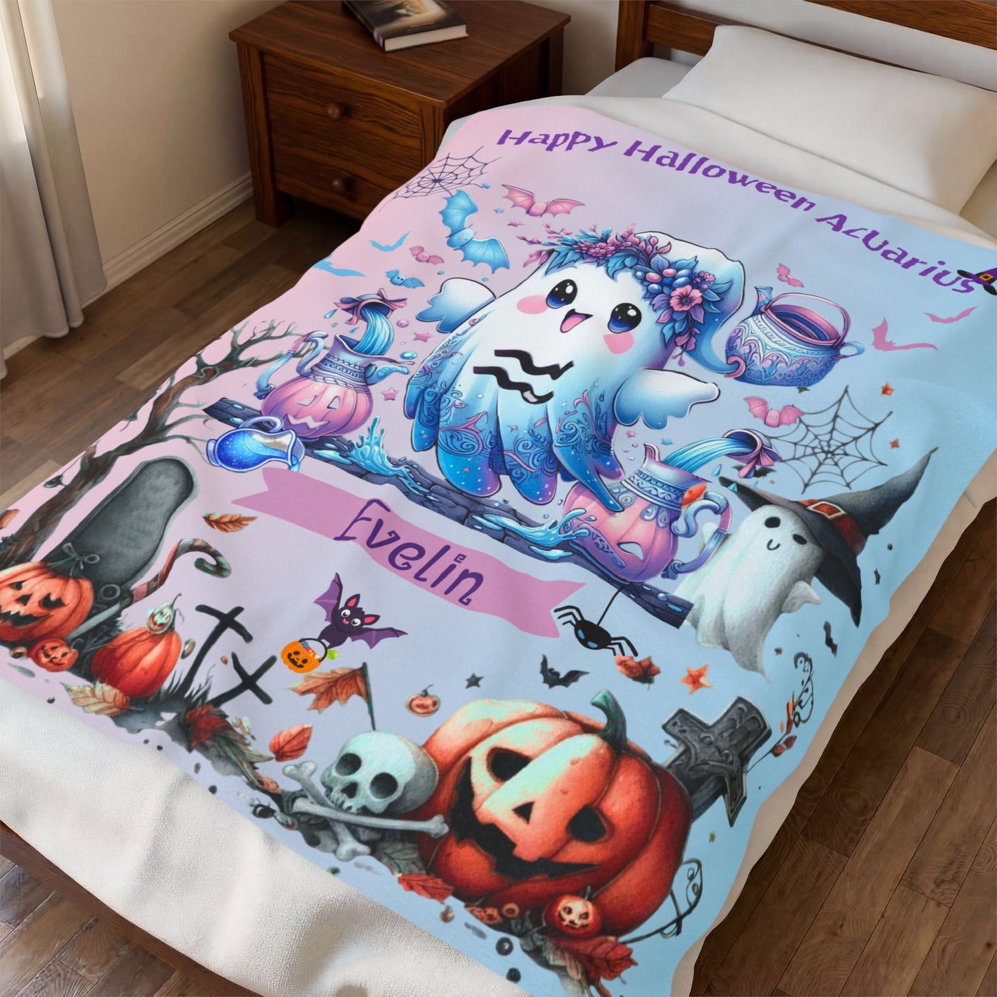 Personalized Aquarius Halloween Blanket for Girls, Custom Name Zodiac Toddler Halloween Throw